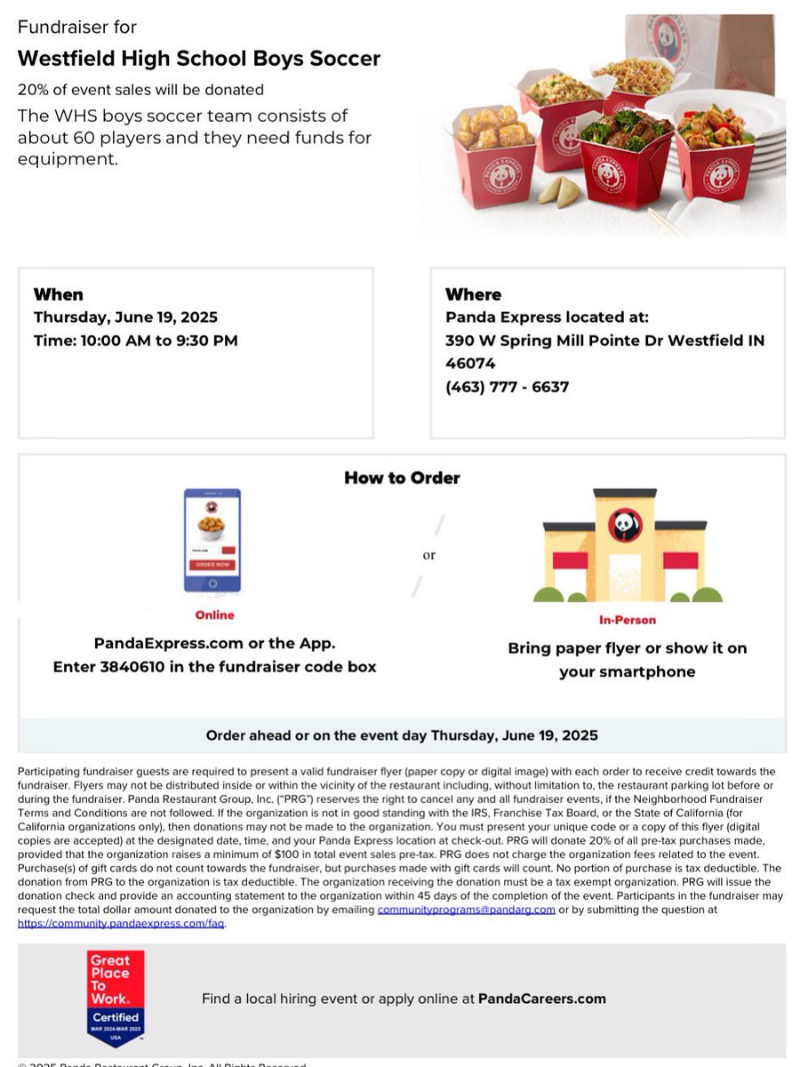 Our next Dine to Donate event is at Panda Express in Westfield at 390 W Spring Mill Pointe Dr. We get 20% of sales ALL DAY LONG! Bring your friends! Go Rocks!