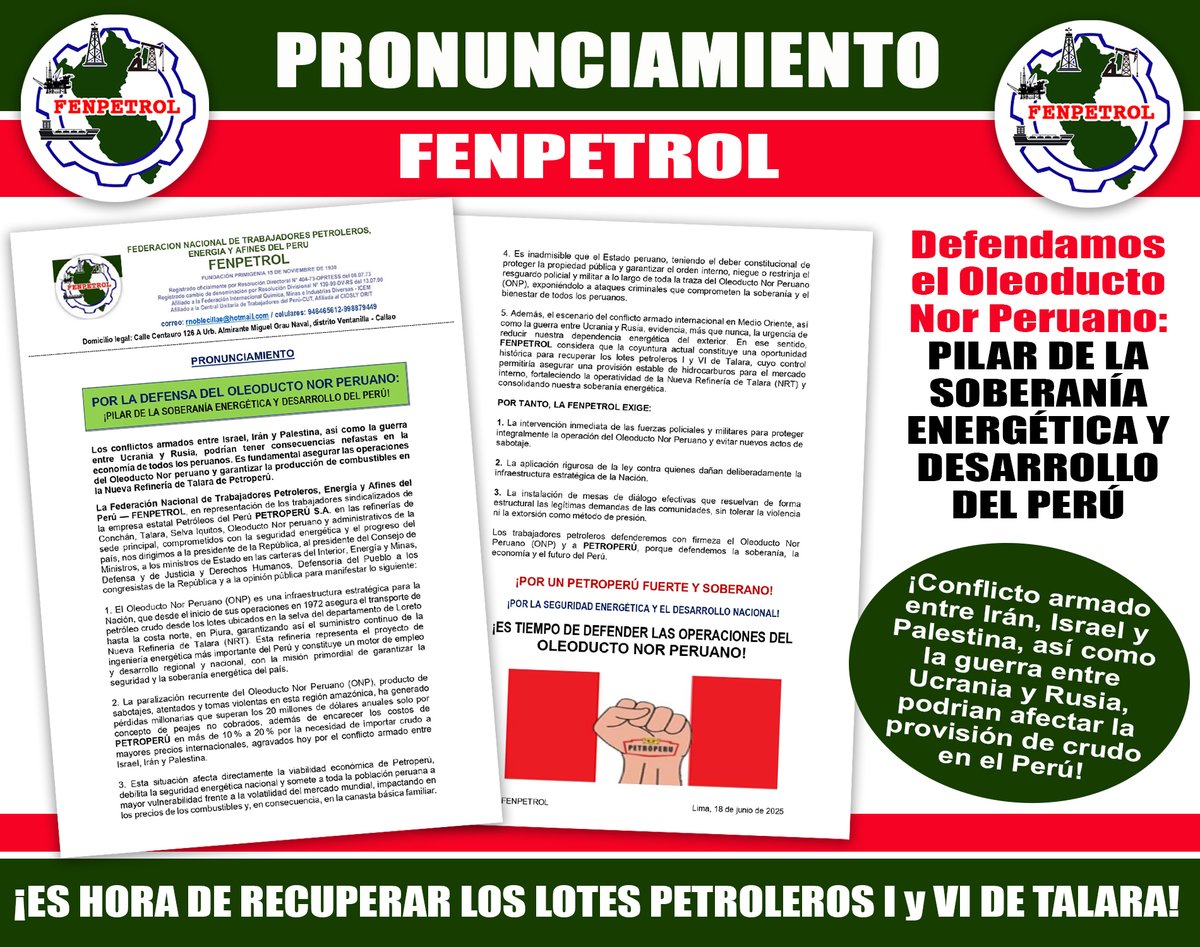#PRONUNCIAMIENTO Defender el Oleoducto Nor Peruano y recuperar los Lotes I y VI de Talara es fundamental para garantizar la soberanía energética del Perú. Ver: 👉🏾bit.ly/4ea2AhH <a href="/MinemPeru/">Ministerio de Energía y Minas</a> <a href="/petroperu_sa/">Petroperú S.A.</a> <a href="/pcmperu/">Consejo de Ministros</a> <a href="/MindefPeru/">Mindef Perú</a> <a href="/MininterPeru/">Ministerio del Interior 🇵🇪</a> <a href="/JuanBurgos2021/">Juan Burgos - Congresista de la República 🇵🇪</a> <a href="/Defensoria_Peru/">Defensoría del Pueblo</a>