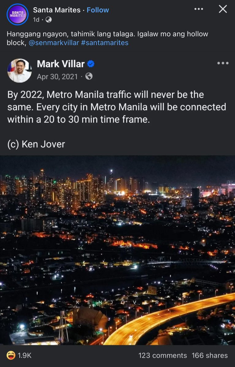 Oiiist, Mark, sobrang tahimik mo ahhh.Nong nkaupo pa si Digong panay porma mo pro nong ntapos term eh iilan lang ang nagawa? Natingga p yong iba,nsan n pondo?

Akala ko by 2022, MM traffic will never be the same.Every city in MM will be connected within a 20 to 30 min time frame.