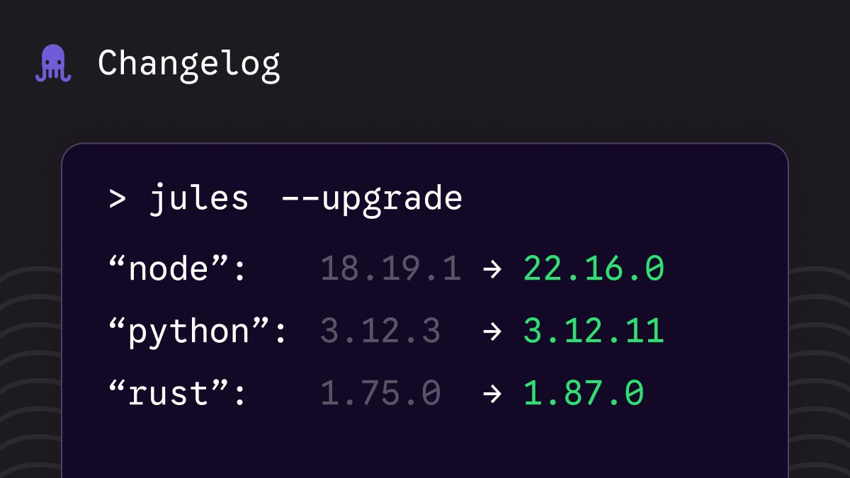 julesagent's tweet image. We just shipped a big update to the Jules dev environment: newer Rust, Node, and Python versions, better runtime isolation, and less pain from outdated dependencies.
Full changelog → jules.google/docs/changelog…