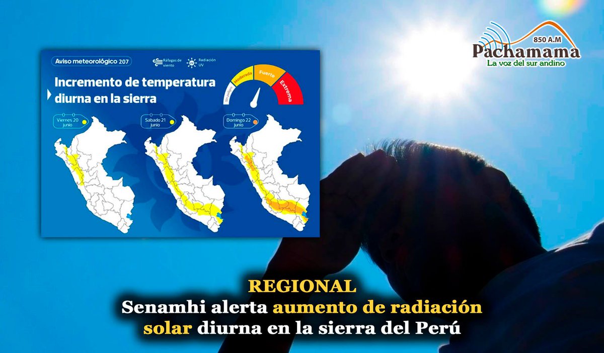 ((🔴)) #Regional: Del 20 al 22 de junio se prevé incremento de temperatura diurna en la sierra peruana, con cielos despejados, mayor radiación UV y ráfagas de viento, según alerta emitida por el Senamhi.

👉 #Regional| #PachamamaNoticias #Puno #PachamamaInforma