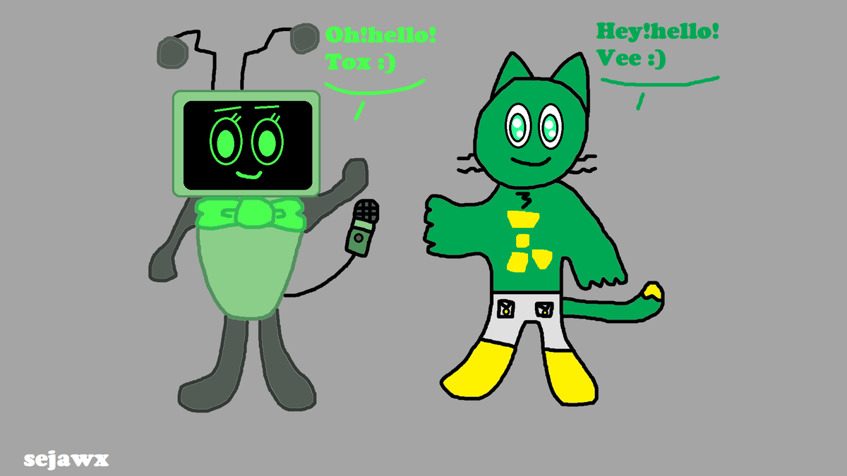 sejawx's tweet photo. Tox and Vee Greet hello(Art)
Vee (The TV Robot Character on the Left Screen): Says "Oh!hello! Tox :)" and Greets Tox.
Tox (The Cat Character on the Right): Responds "Hey!hello! Vee :)" and Also Greets Vee.
Hope you like it :)(Fan art works 🎨)(Dandy's World x Sprunki) https://t.co/ZH9KQU9EDS