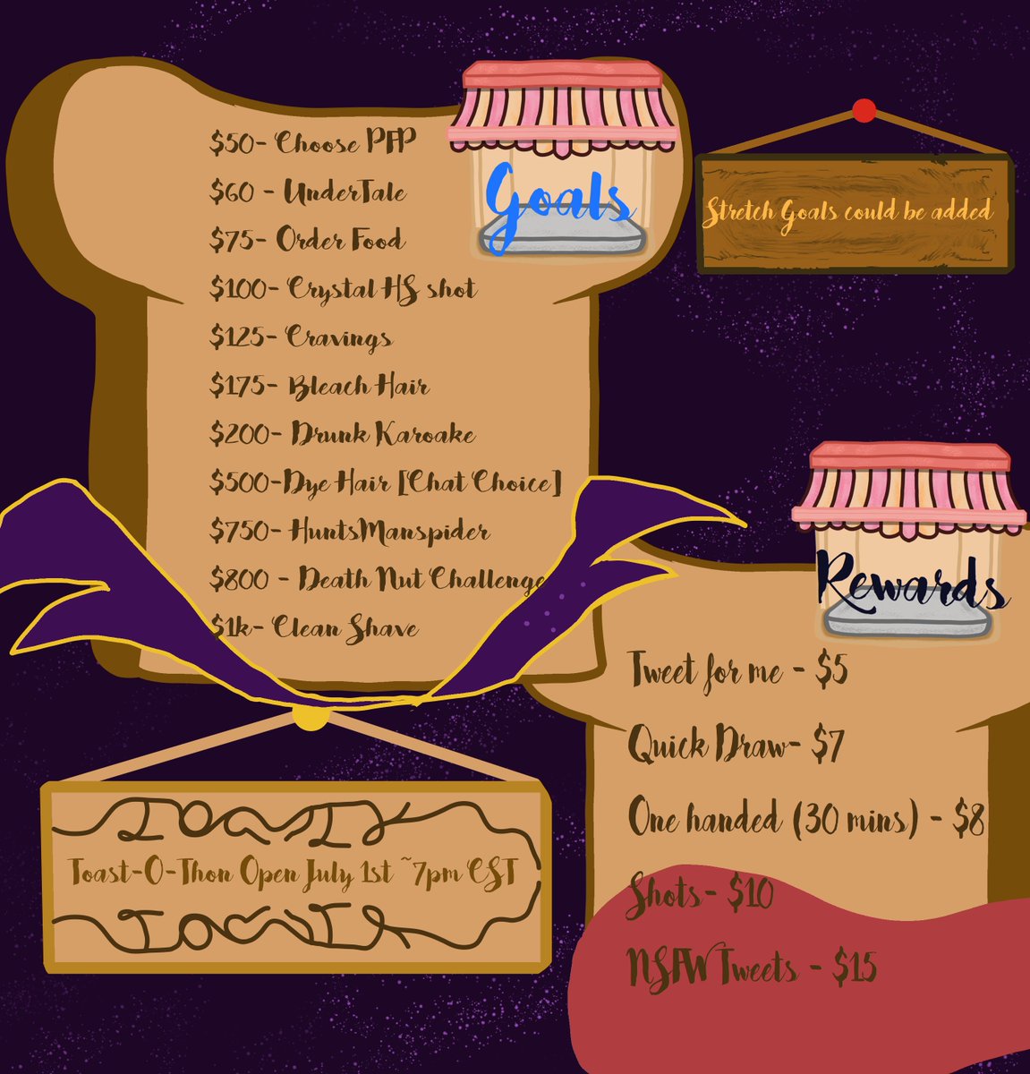 DarKnightEntity's tweet image. The Toast-O-Thon is coming up [July 1st-4th], I thought I would draw a Goal Board this time to make it look a little more neat. P.S. Shots rewards will add up until later in the night, since I plan on trying to stream earlier in the day whilst doing this event. #1loaf Crumblings