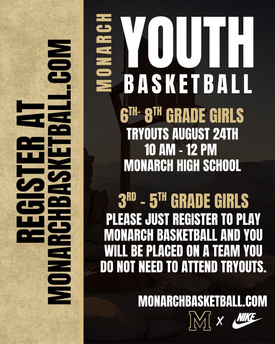 We are excited to announce that registration for Monarch Youth Basketball is now open for the 2025-2026 Winter season! Monarch Youth Basketball will have teams 3rd grade through 8th grade. Players of all levels are welcome! Register at MonarchBasketball.com