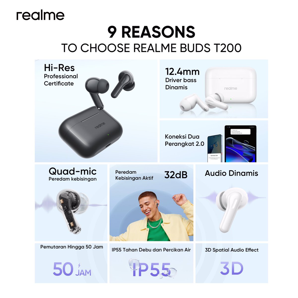 #realmeBudsT200 on, bising langsung gone! 🔊

Dengan 12.4mm Driver Bass Dinamis,
32dBPeredam Kebisingan Aktif &amp; Pemutaran Hingga 50 Jam, realme Buds T200 siap temani kamu dengerin audio lebih jernih dan tahan lama

Nantikan flash sale 20 Juni 2025 dengan harga spesial 249K!