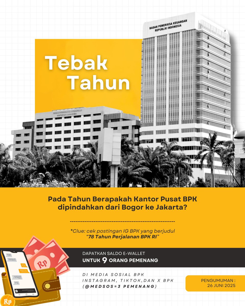 bpkri's tweet photo. Halo #BPKawan
KuisBPKamis datang lagi lho! Yuk ikutan, dan cek persyaratannya ya.

Syaratnya:
1. Follow akun X BPK @bpkri
2. Jawab dan ajak 3 teman kamu, sertakan juga #kuisbpkamis #sejarahbpk  

Periode kuis mulai tgl 19-25 Juni 2025, dan pengumuman pemenang tgl 26 Juni 2025 https://t.co/p3oi8S4peU