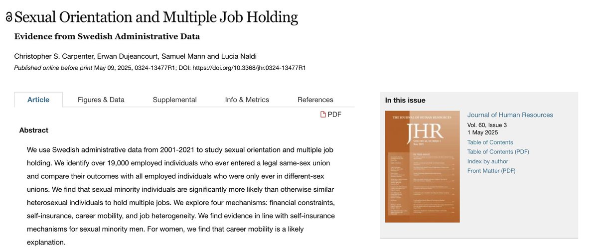 J_HumanResource's tweet image. Using two decades of Swedish data, Christopher S. Carpenter, @DujeancourtEcon, Samuel Mann, and Lucia Naldi examine whether sexual minority individuals work more jobs and why.
doi.org/10.3368/jhr.03…