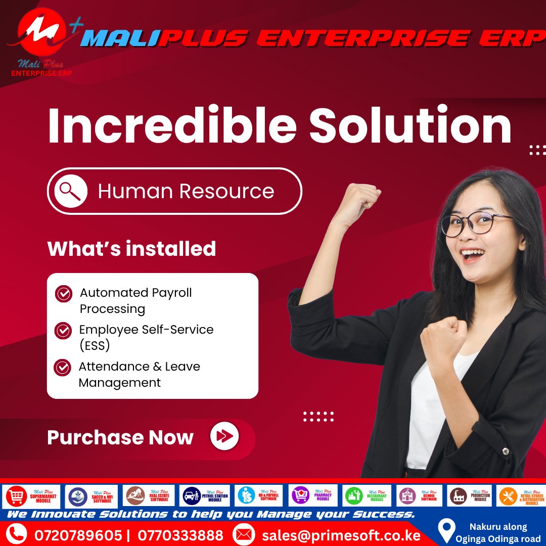 MaliPlusERP's tweet image. Supercharge your HR with Maliplus ERP.
✓ Payroll Automation
✓ Employee Self-Service
✓ Leave &amp;amp; Attendance Management
HR made simple, smart, and secure.
#PrimesoftSolutions #MaliplusERP #HRTech #PayrollSoftware #KenyaBusinesses