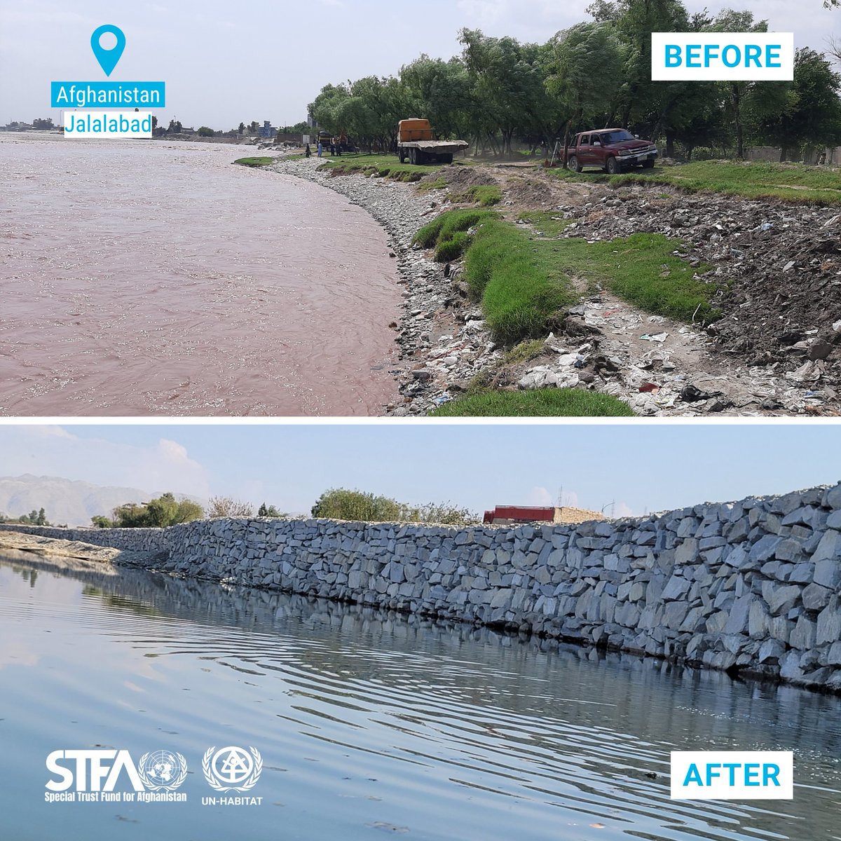 UNHabitatAf's tweet photo. In #Afghanistan, flooding affected over 173,000 people in 2024 & accounted for 96% of all natural disasters.
#ClimateChallenge is already upon us. Denial or delay is not an option.
📸Before & After of a Boulder Wall Project in Jalalabad made possible by @UN_STFA & @UNHabitatAf https://t.co/eJheqgYkwK