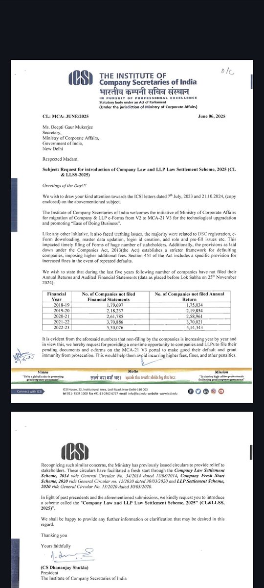 CSKuldeepShukla's tweet image. @MCA21India @FinMinIndia @nsitharaman @PMOIndia @hdmalhotra 
@icsi_cs @theicai

Ms.Deepti Gaur Mukherjeer, MCA

Please consider the representation made by ICSI for introduction of CLSS scheme urgently.

This representation had been requested for last three years continuously 🙏