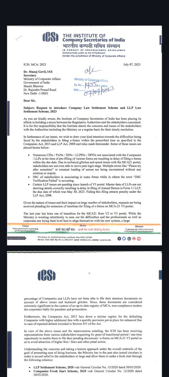 CSKuldeepShukla's tweet image. @MCA21India @FinMinIndia @nsitharaman @PMOIndia @hdmalhotra 
@icsi_cs @theicai

Ms.Deepti Gaur Mukherjeer, MCA

Please consider the representation made by ICSI for introduction of CLSS scheme urgently.

This representation had been requested for last three years continuously 🙏