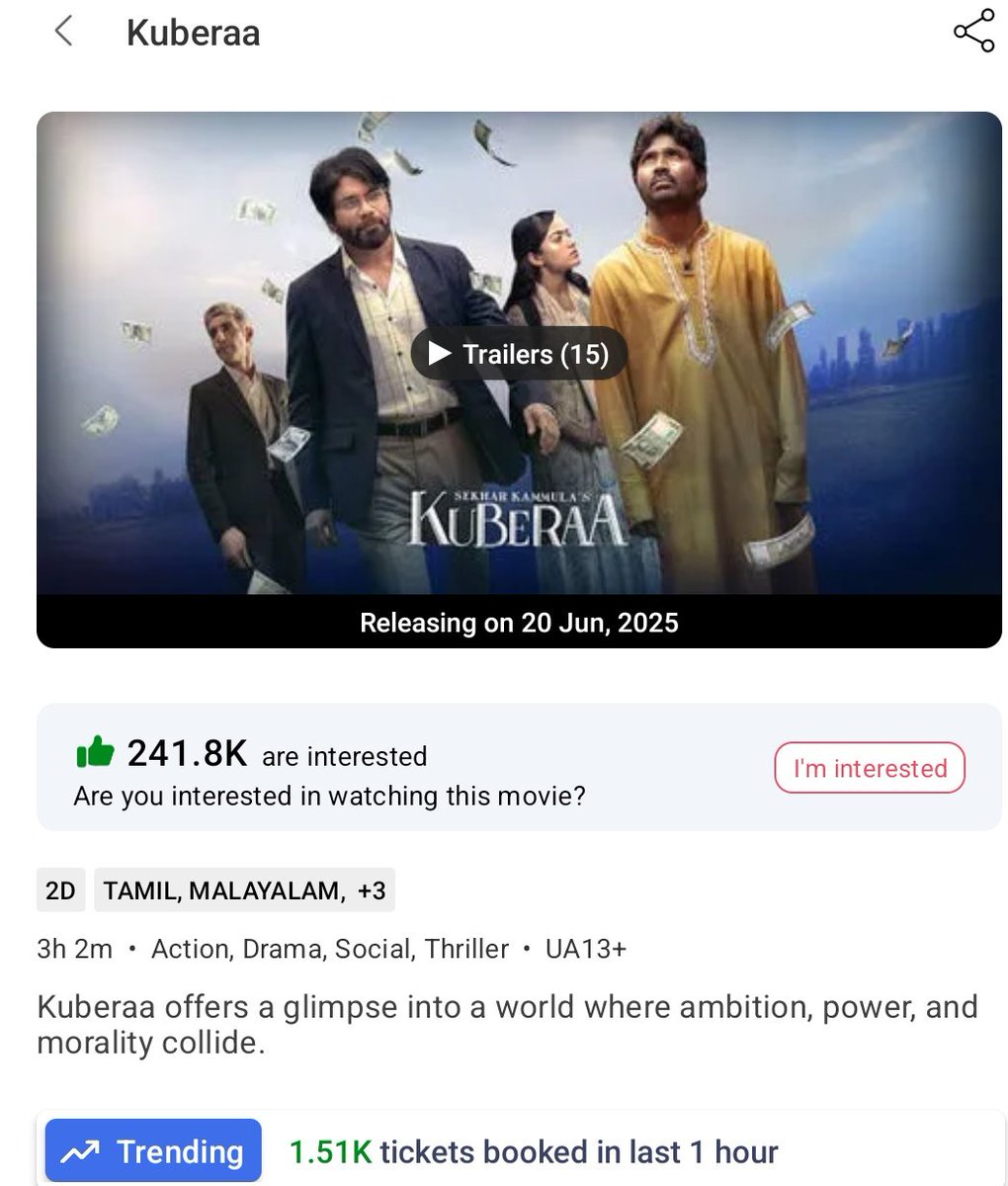 #Kuberaa : 2 Tickets Giveaway 

To participate in Giveaway 
--&gt; Follow us
--&gt; Comment &amp; Repost
--&gt; Tag your friend to watch the movie 
--&gt; Mention your choice of Single screen &amp; SHOW TIME
--&gt; Selection without bias and by tomorrow morning 

------Dhanush starts the day with a
