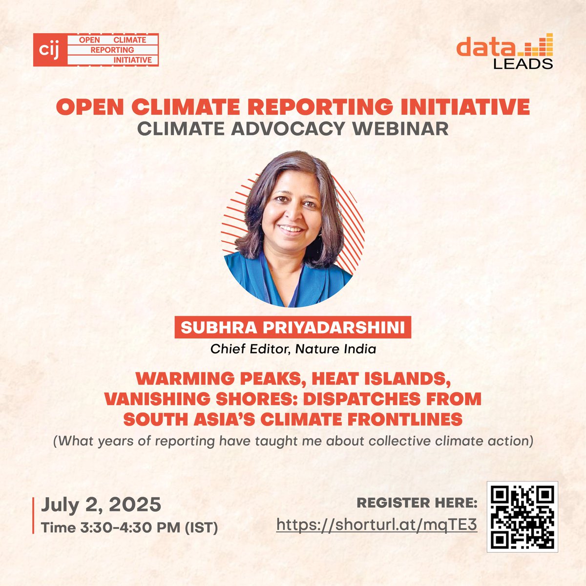 DataLEADS (@data_leads) on Twitter photo CLIMATE CHANGE. Two words, one global crisis.
Journalists, students, researchers & policymakers—join us July 2 at 3:30 PM for a webinar with <a href="/Subhrapr/">Subhra Priyadarshini</a> on telling climate stories that matter.
🔗 Register: bit.ly/4mSD18Q
<a href="/cijournalism/">The Centre for Investigative Journalism</a> <a href="/NatureInd/">Nature India</a> CLIMATE CHANGE. Two words, one global crisis.
Journalists, students, researchers & policymakers—join us July 2 at 3:30 PM for a webinar with <a href="/Subhrapr/">Subhra Priyadarshini</a> on telling climate stories that matter.
🔗 Register: bit.ly/4mSD18Q
<a href="/cijournalism/">The Centre for Investigative Journalism</a> <a href="/NatureInd/">Nature India</a>