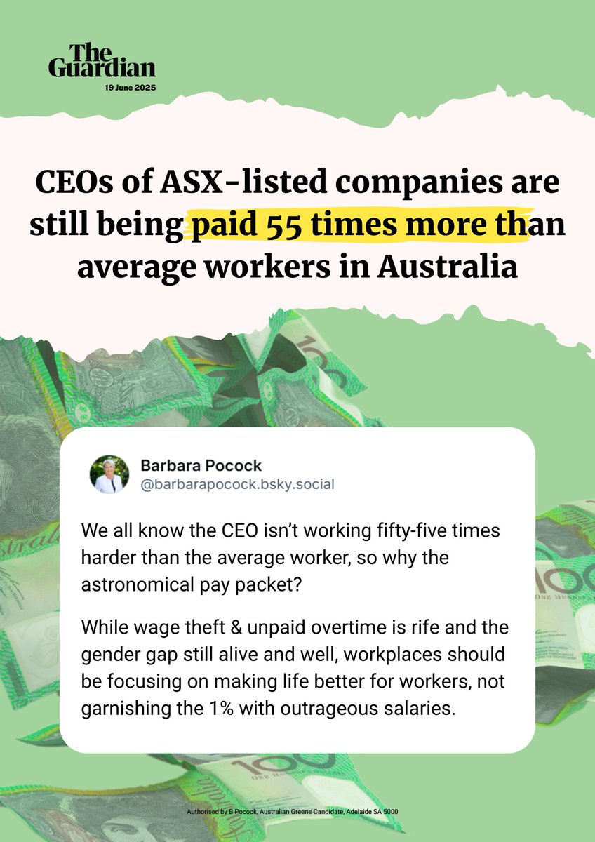 ASX's top 100 companies gave their CEOs a near 14% pay rise in 2023-24 while the rest of Australia was grappling with a cost of living crisis.

Remember this hypocrisy when business resists calls to raise the minimum wage and for improved conditions and pay for workers.

#auspol