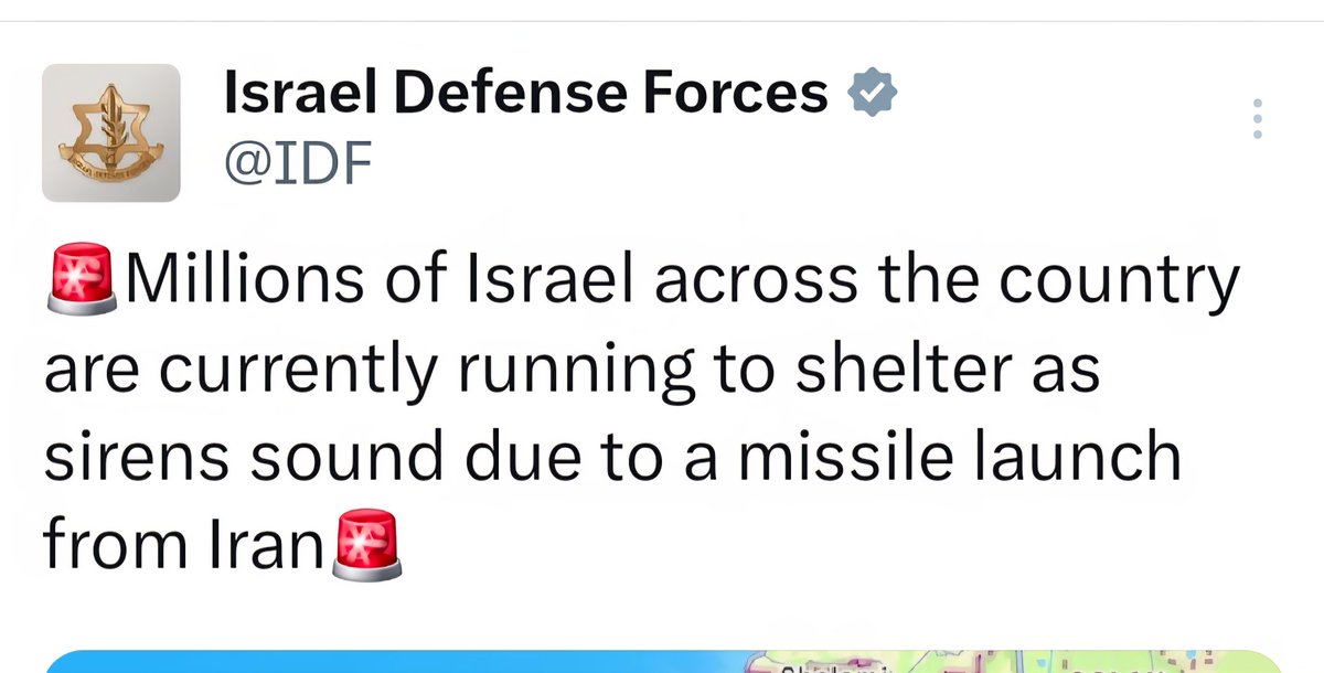 🚨Millions of Israeli across the country are currently running to shelter as sirens sound due to a missile launch from Iran: IDF