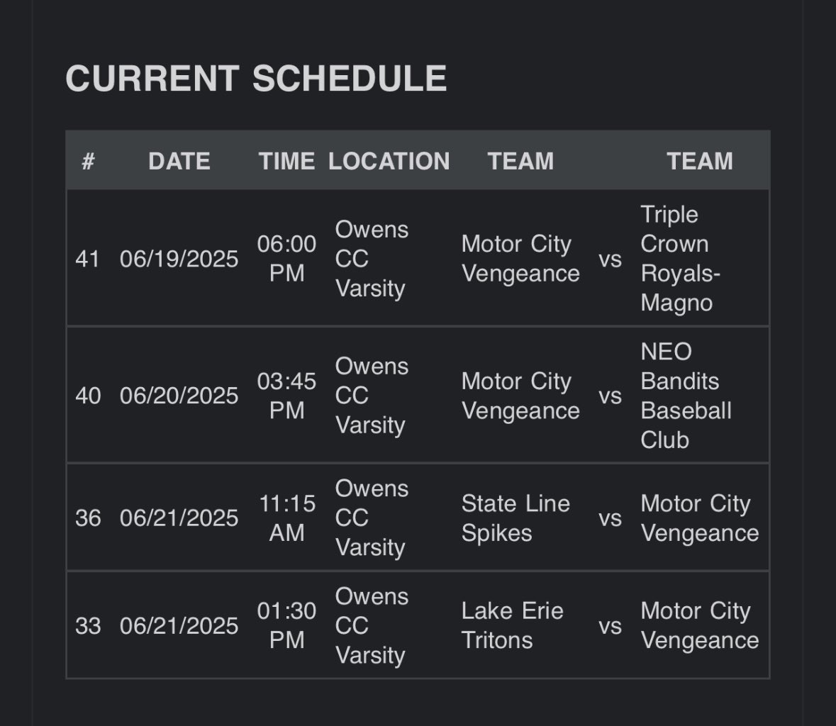 Updated schedule of tournament. First game at 6:00 PM at Owen’s CC Varsity in Perrysburg Ohio, against Triple Crown Royals- Magno

<a href="/UMDearbornBSB/">University of Michigan - Dearborn Baseball</a> 
<a href="/BUncommitted/">Baseball_Uncommitted</a> 
<a href="/GRITBaseballTJ/">TJ</a> 
<a href="/TopTierMichigan/">Top Tier Michigan • Top Tier Southeast</a> 
#goblue #GRITbaseball