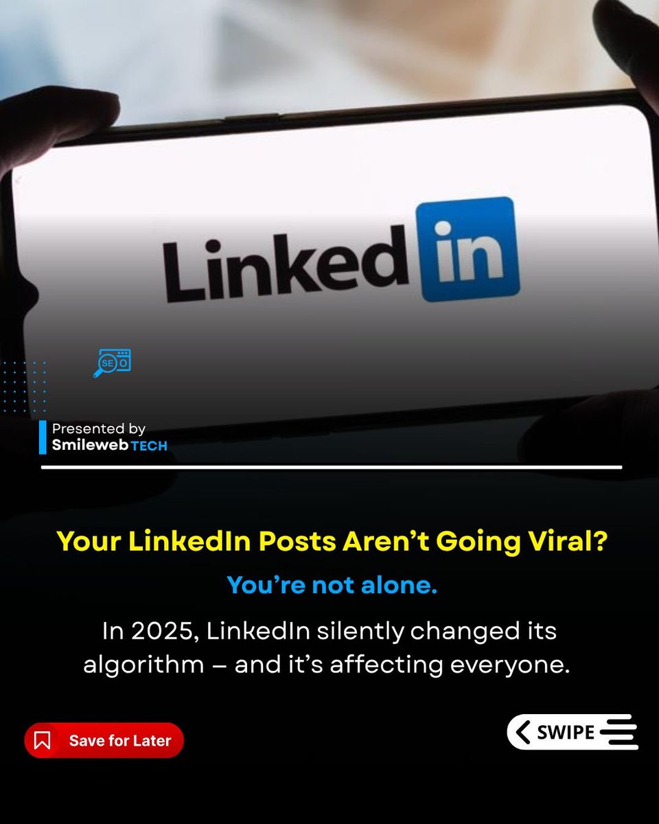 smile_web_tech's tweet photo. 🎯 Why Your LinkedIn Posts Aren’t Reaching Anyone in 2025 (And What To Do About It)

Feeling like you’re posting into the void on LinkedIn?

You’re not alone. Many Indian founders, marketers, and creators are seeing zero traction — and it’s not because your content isn’t good. https://t.co/CoWL63M3vZ