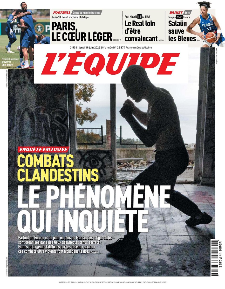 🗞️ La une du journal L'Équipe du jeudi 19 juin 2025
Pour lire votre édition ➡️ l.lequipe.fr/OxV