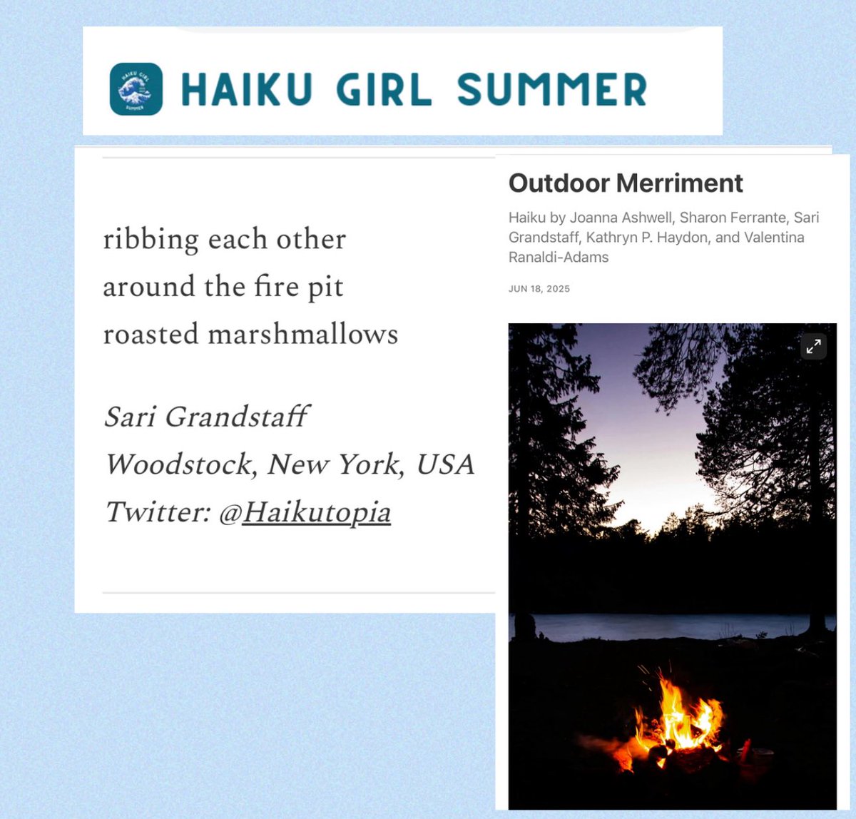 Haikutopia's tweet photo. Thank you Allyson Whipple #haikugirlsummer @Haikutopia @hsa_haiku https://t.co/rGH3Npp4Vt