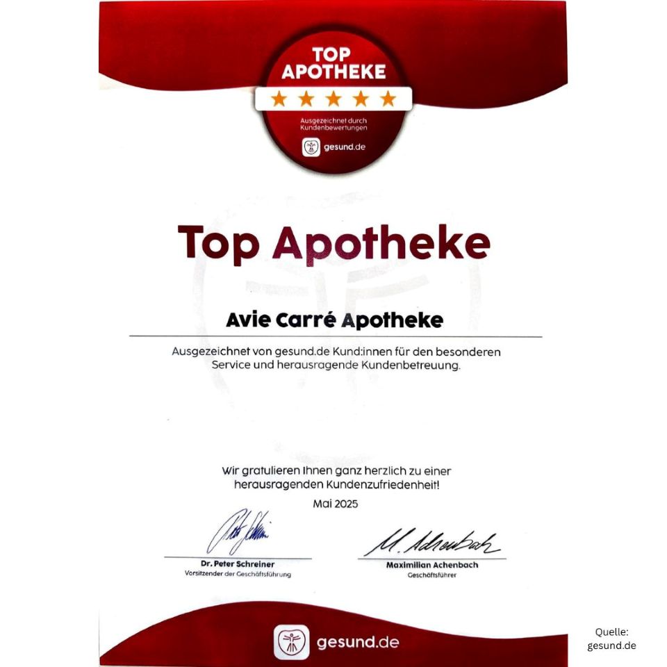 +++ Auszeichnung erhalten! +++
Wir freuen uns riesig, dass unsere #AVIE #CarréApotheke von gesund.de als #Top #Apotheke ausgezeichnet wurde – für herausragenden #Service und besondere #Kundenbetreuung!  Danke für Ihr #Vertrauen!