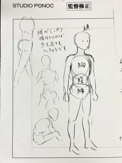 胴体を描く時は胸、腹、腰のパーツでとらえると描きやすいです。
腹がない絵だと寸足らずな感じになるし、腰がないまま歩かせるとうまく歩いてくれません。 