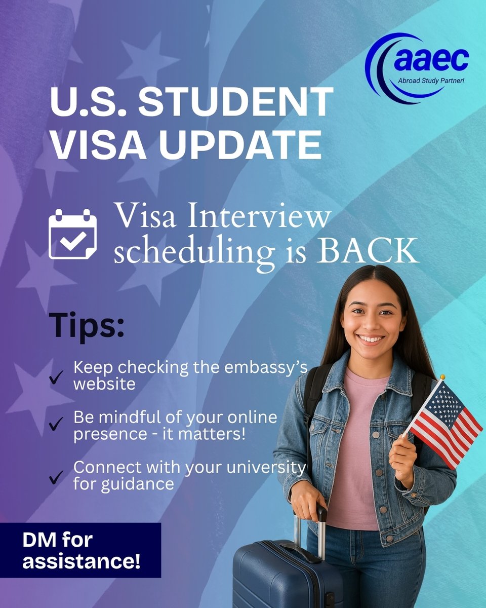 AAECNepal's tweet photo. 🇺🇸 U.S. Student Visa Update – June 18, 2025 🎓✈️

Great news! The U.S. Department of State has lifted the temporary hold on F, J &amp; M visa interviews.

✅ Appointments are resuming  
⚠️ Some delays may still happen  
📱 Social media screening is now part of the process https://t.co/Qk5qRp5LOK