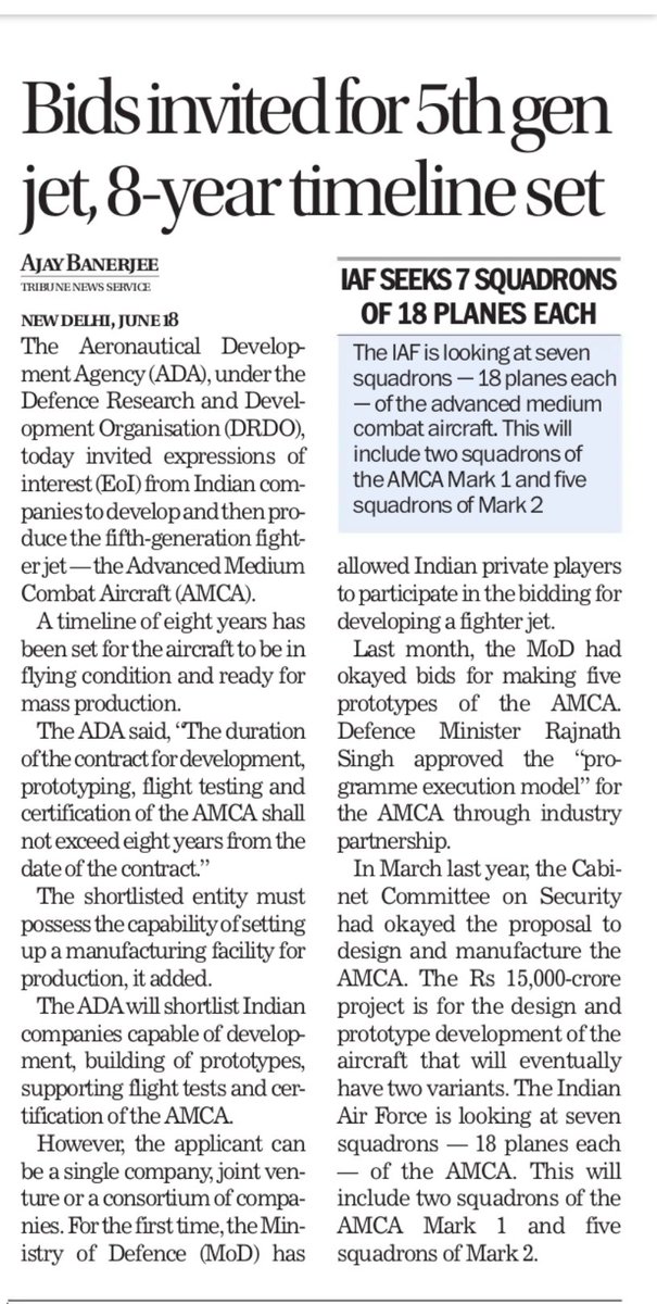 India invites bid for 5th gen fighter jets. Sets 8 year deadline to have the plane flight- tested and ready for production.
<a href="/thetribunechd/">The Tribune</a> 
<a href="/IAF_MCC/">Indian Air Force</a> <a href="/makeinindia/">Make in India</a>
Link 👇
tribuneindia.com/news/top-headl…