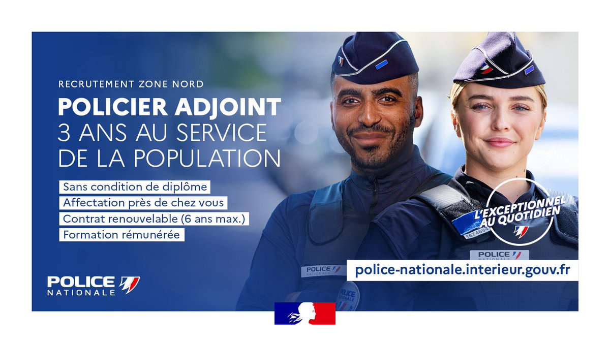 #Emploi #Recrutement 

👮‍♂️ Envie de vous engager au service de la sécurité de tous ?

📅 Jusqu’au 6 août, inscrivez-vous à la session de recrutement de policiers adjoints !

📍 Affectation dans les départements du Nord, de la Somme et de l’Aisne.

🔗 Toutes les infos :