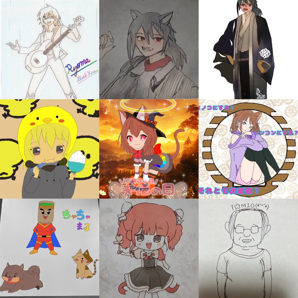 rienaxeoipel's tweet image. ちなみに最近描いた絵はこちらです。
左上は弦を描き忘れました、
右上はVTuberの立ち絵だったから
頑張りました。
右下は2分で描いたトミオ(富夫)です。
どうぞよろしく