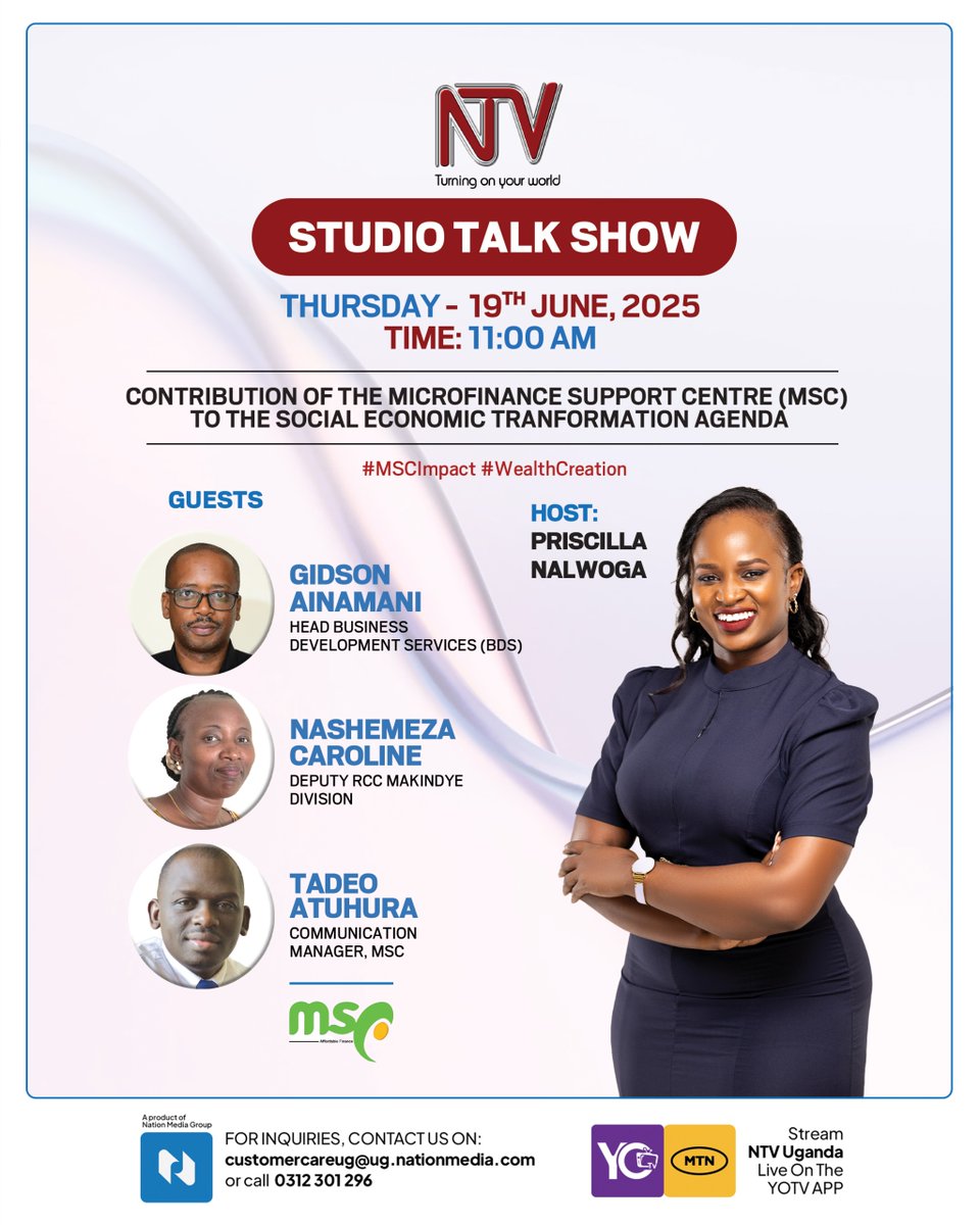 ntvuganda's tweet photo. This morning, we’re talking about the work being done by the Microfinance Support Centre (MSC) and how it's helping drive change in our communities — from empowering small businesses to supporting everyday Ugandans.

📍 Tune in at 11:00am 
 #MSCImpact #WealthCretaion https://t.co/qWApct6hdI