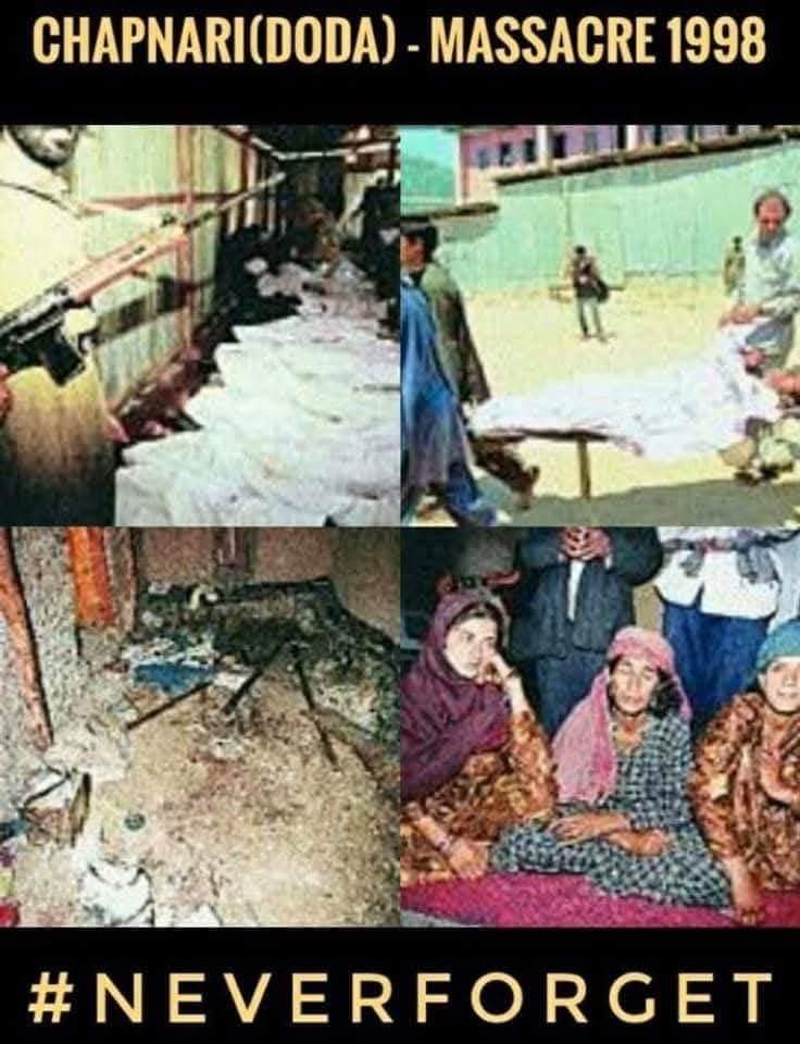 wazir_akhil's tweet photo. On 19 June 1998, Pakistan sponsored Terrorists attacked a marriage function and killed 25 Hindus in Chapnari village of district Doda. A clear attempt of ethnic cleansing of Hindus from erstwhile Doda district.
वीर बलिदानियों को कोटि-कोटि नमन।
#DodaMassacre #JammuFiles https://t.co/sw66J3RdSJ