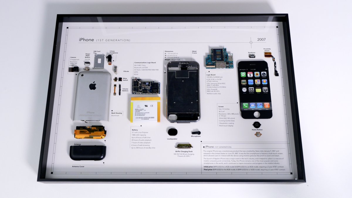 The original iPhone presented from Collectible Phones in a high quality metal enclosure along with labels for everything and even a mockup of a battery to see what it was really like. Very high quality and nicely done!