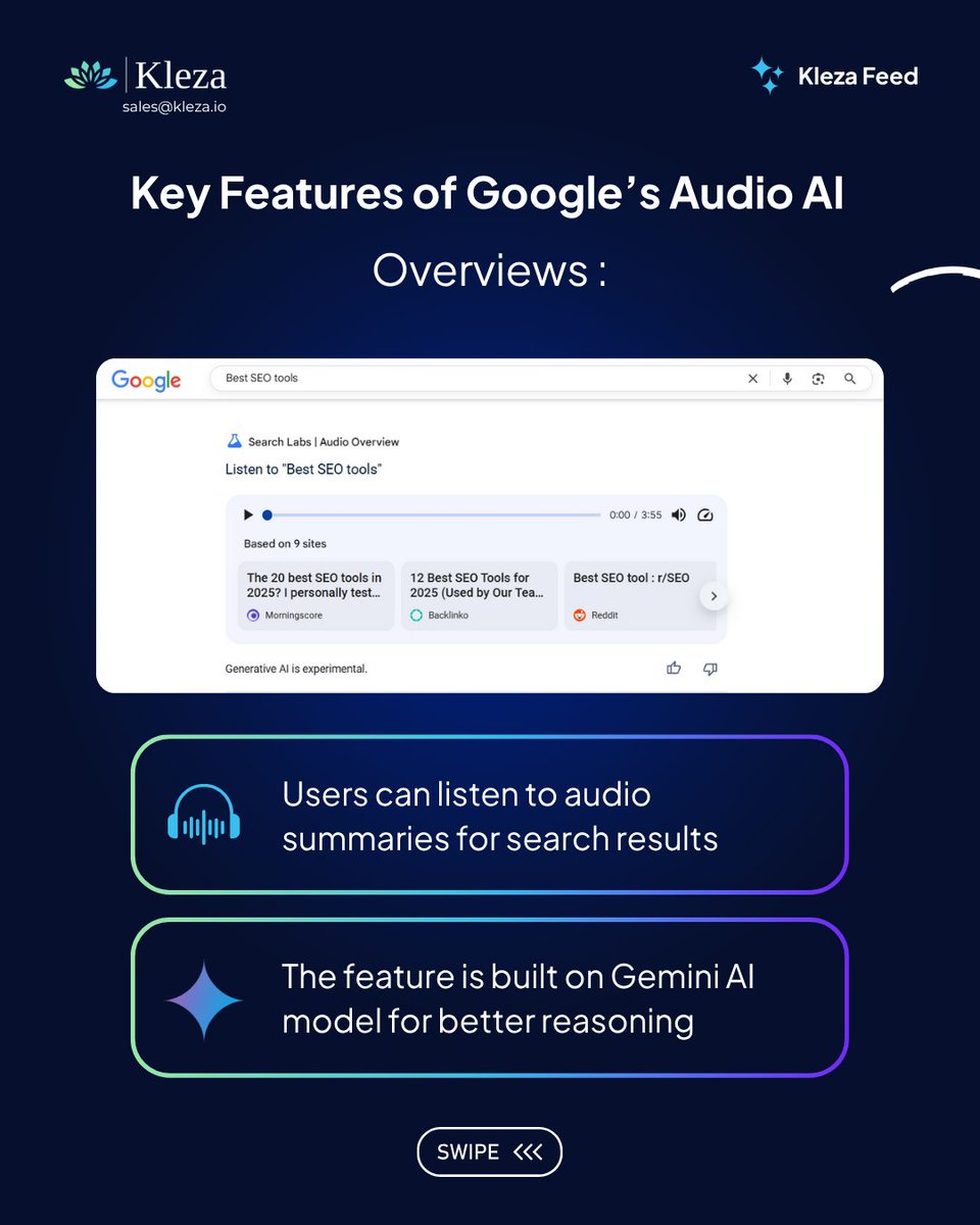 klezasolutions's tweet image. 🤖 “Hey #GoogleAI , tell me about…” → Now get spoken #AIsummaries ! Google’s #AudioOverviews turns searches into podcasts.
🌟 Give it a listen (in English via #SearchLabs ). Perfect for commutes!
#GoogleIO #SocialMediaTrends #voicesearch #podcastshow #GoogleIO #DigitalMarketing