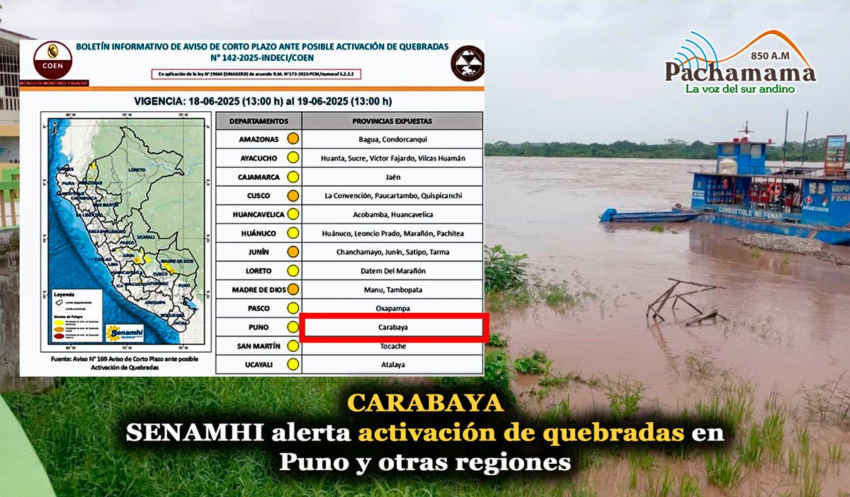 ((🔴)) #Carabaya: El SENAMHI advierte activación de quebradas hasta el 19 de junio en nivel naranja, afectando a Puno, especialmente en Carabaya, además de regiones como Amazonas, Cusco, Junín y Madre de Dios.

👉 #Carabaya| #PachamamaNoticias #Puno #PachamamaInforma