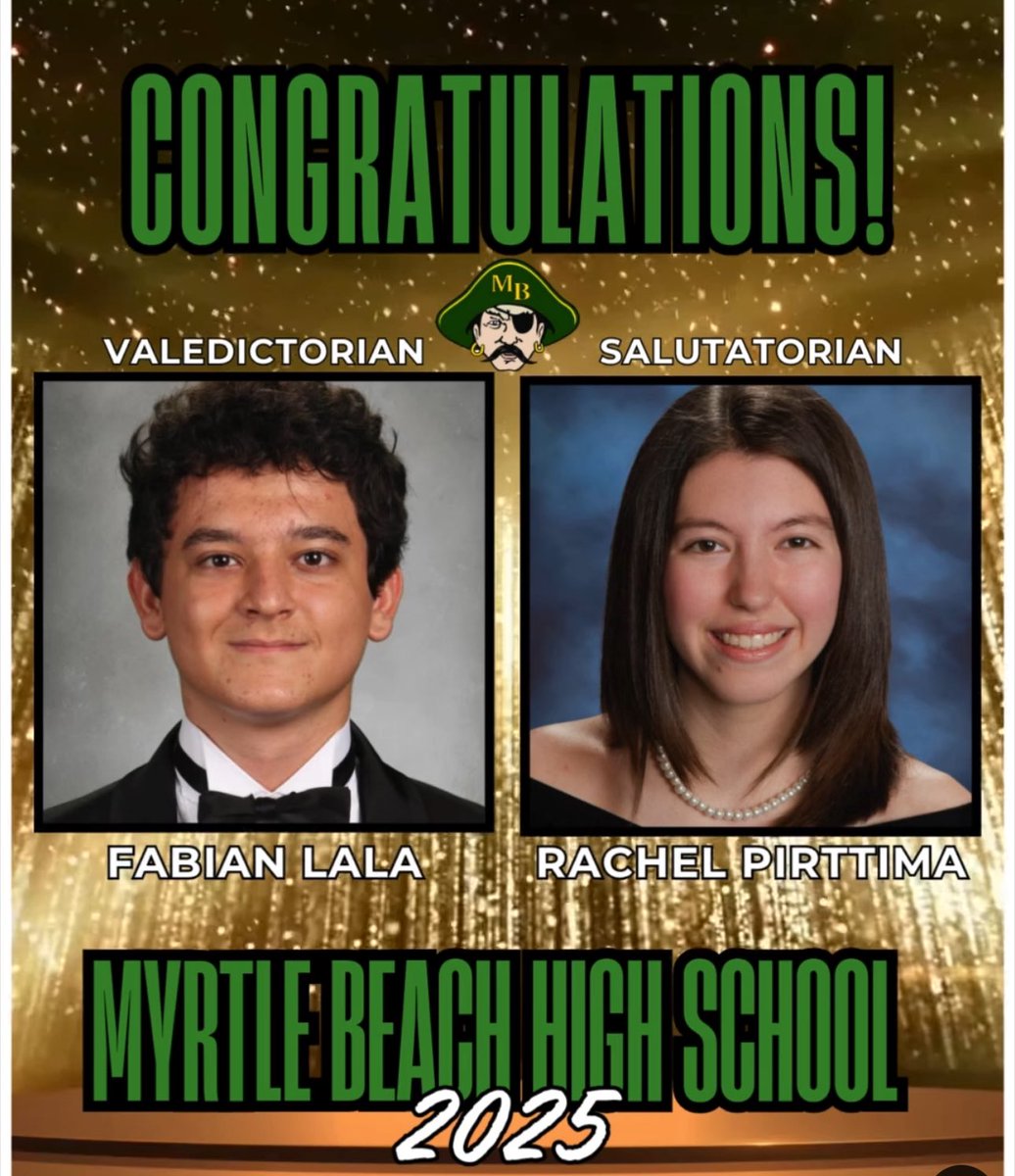 Huge congratulations to the Myrtle Beach High School Valedictorian, Fabian Lala, and Salutatorian, Rachel Pirttima! 🌟 Your hard work, dedication, and perseverance have truly paid off, and you’ve set an inspiring example for your classmates and community.