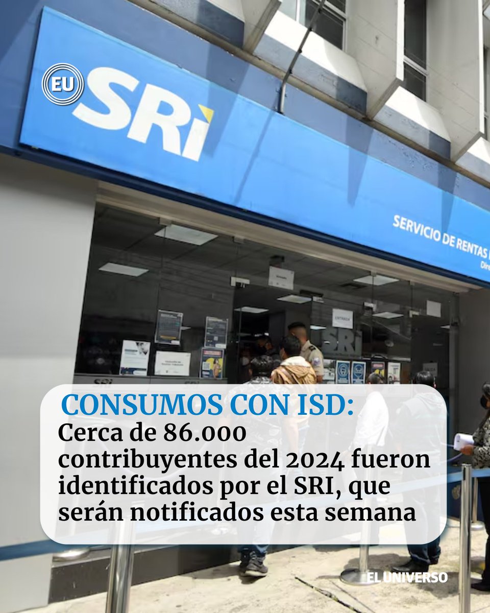 eluniversocom's tweet photo. #Consumos con #ISD: Cerca de 86.000 contribuyentes del 2024 fueron identificados por el SRI, que serán notificados esta semana https://t.co/tvpIsRqLaG https://t.co/fFpnfQDq2W