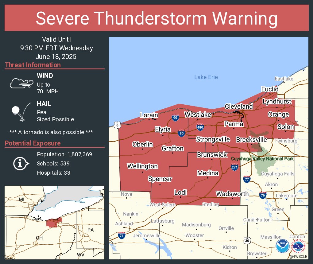 NWSCLE's tweet photo. Severe Thunderstorm Warning including Cleveland OH, Parma OH and  Lorain OH until 9:30 PM EDT. This storm will contain wind gusts to 70 MPH! https://t.co/EfMsaWlugW