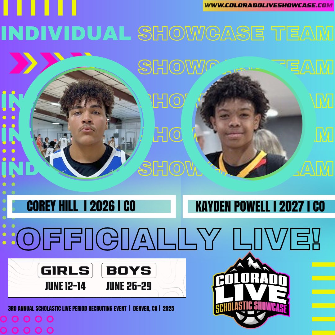 🚨OFFICIALLY LIVE‼️🏀🏔️ 

Welcome to Colorado Live Boys Individual Showcase Team!!

Corey Hill (CO) 🔥
Kayden Powell (CO) 🔥
will be competing on Rocky Mountains Big Stage!!

“Where Future ⭐️’s Make Their Name” 

📍 Denver, CO
📆 June 26-29th