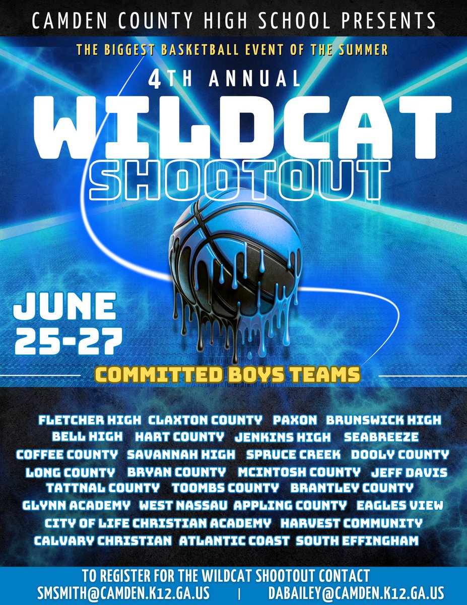 The field is set for the 2025 Wildcat Shootout at Camden County High School in Kingsland, GA…College Coaches this is a free event for you. 
✅Nice Facilities
✅Free Coaches Book
✅Buffet Style Hospitality Room