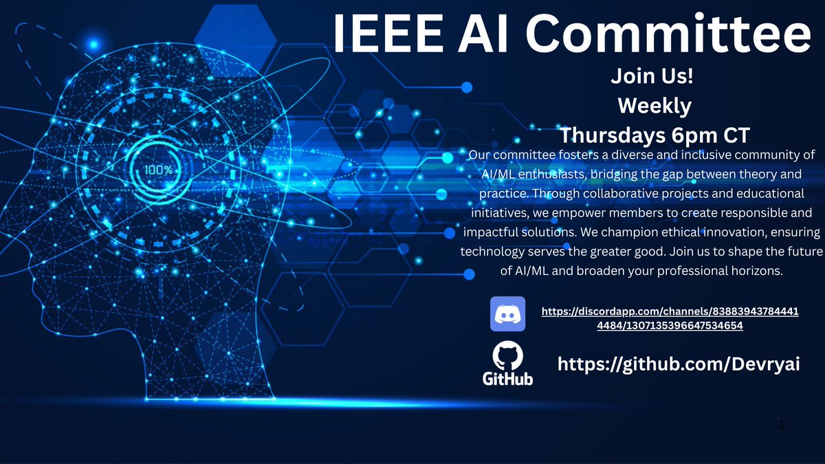 IEEE_DeVry's tweet photo. Join us Thursdays #DeVry #AI #ArtificialIntelligence #MachineLearning #CyberSecurityAwareness #IEEE https://t.co/CLishLtHDd