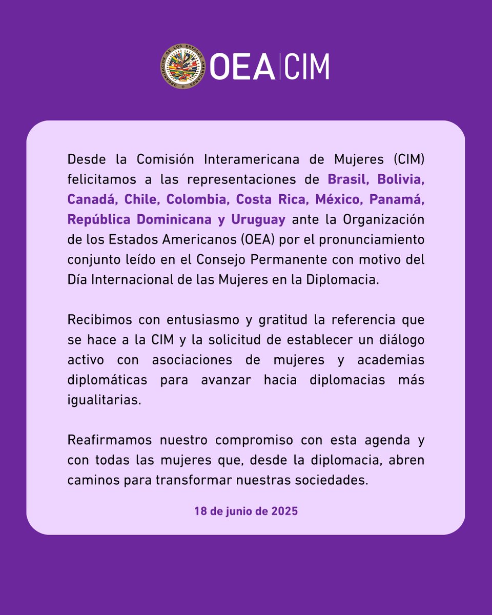 🌎💜 Celebramos el compromiso y pronunciamiento de 10 misiones ante la <a href="/OEA_oficial/">OEA</a>  por una diplomacia más igualitaria, diversa y representativa.

📑Lee el pronunciamiento completo aquí : scm.oas.org/doc_public/SPA…