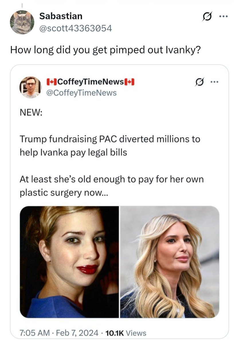 Sabastian (@scott43363054) on Twitter photo <a href="/IvankaTrump/">Ivanka Trump</a> <a href="/Mets/">New York Mets</a> <a href="/jaredkushner/">Jared Kushner</a> <a href="/SugarDiaz39/">Edwin Diaz</a> <a href="/CitiField/">Citi Field</a> <a href="/JuanSoto25_/">Juan José Soto Pacheco</a> Ivanky when you sex daddy trummpy gets Impeached... The People promise to come for you and your criminal family. No one has forgotten what you have done when you were bouncing on Trump's in the White House. Your whole fucking family is going down bitch <a href="/IvankaTrump/">Ivanka Trump</a> <a href="/Mets/">New York Mets</a> <a href="/jaredkushner/">Jared Kushner</a> <a href="/SugarDiaz39/">Edwin Diaz</a> <a href="/CitiField/">Citi Field</a> <a href="/JuanSoto25_/">Juan José Soto Pacheco</a> Ivanky when you sex daddy trummpy gets Impeached... The People promise to come for you and your criminal family. No one has forgotten what you have done when you were bouncing on Trump's in the White House. Your whole fucking family is going down bitch