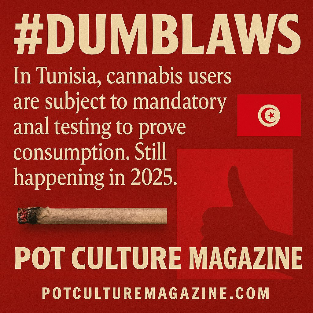PotCultureMag's tweet photo. #DumbLaws: In Tunisia, cannabis users are subject to mandatory anal testing to prove consumption. Still happening in 2025. 🇹🇳🧪⛔
#PotCultureMagazine #WeedLaws #DrugPolicy #HumanRights #Cannabis #Tunisia #420Community #LegalizeIt #WeedLife #CannabisCulture #Weed #PotLaws https://t.co/vgFpnkiWHG