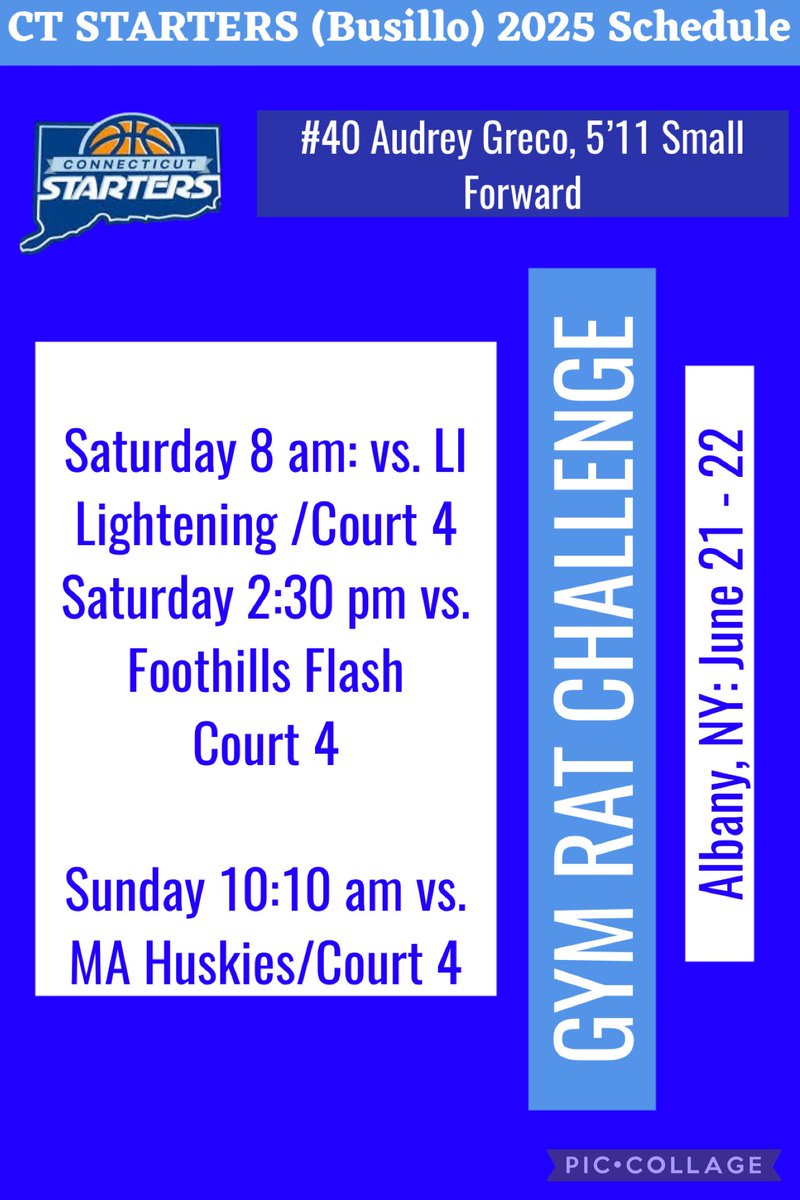 Audrey Greco (@audreygreco_) on Twitter photo Looking forward to playing in the Gym Rat Challenge this weekend in Albany, NY. Here is my schedule! <a href="/ctstarters/">CT Starters AAU</a> Looking forward to playing in the Gym Rat Challenge this weekend in Albany, NY. Here is my schedule! <a href="/ctstarters/">CT Starters AAU</a>