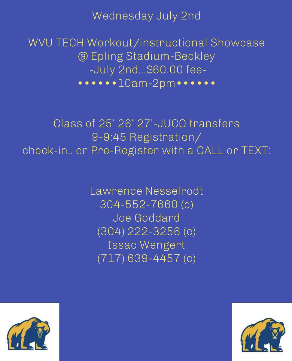 CoachWengert12's tweet photo. 🚨Ball players looking to take their talents to the next level come out to our showcases/instructional workout the next 2 Wednesday’s.🚨 

DM, text, or call Coach Ness, Coach Goddard, or myself if interested! 

Let’s get some studs into Golden Bear country!!! 🐻⬇️ https://t.co/xNjsoyJh5o