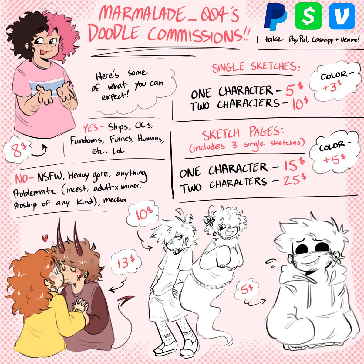 SEMI-EMERGENCY COMMISSION TIME!!!! 
I’m having trouble finding a summer job and i need some money to help pay for college so i’m not in excruciating debt lmao. ik these are cheap but anything helps!! 
please send a dm request my way if your interested at all! :3 #commissionsopen