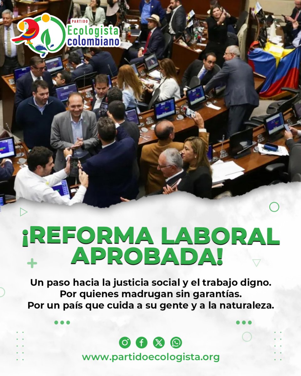 ✅ ¡APROBADA la reforma laboral! 
Una victoria para quienes luchan por condiciones justas, por trabajo digno y por un país con justicia social y ambiental.

Desde el Partido Ecologista Colombiano, celebramos este avance para la vida y la dignidad. 

#ReformaLaboral #TrabajoDigno