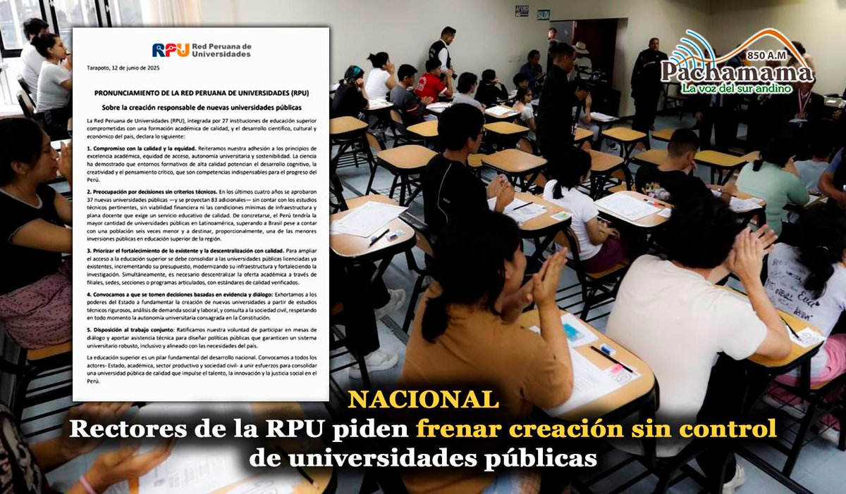 ((🔴)) #Nacional: Rectores de la Red Peruana de Universidades (RPU) alertan que nuevas universidades públicas sin estudios técnicos ni financiamiento afectan la calidad educativa y piden fortalecer instituciones ya existentes.

👉 #Nacional| #PachamamaNoticias #PachamamaInforma
