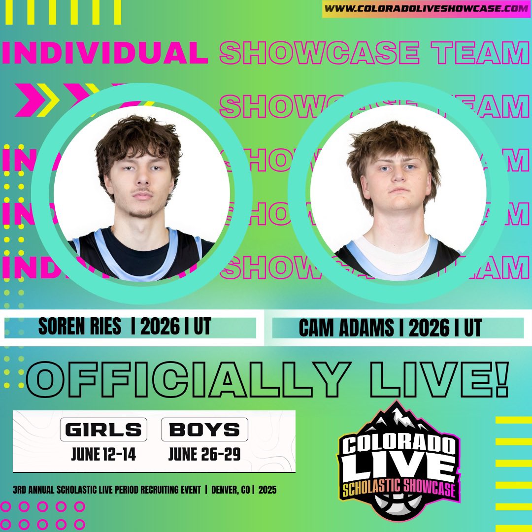 🚨OFFICIALLY LIVE‼️🏀🏔️ 

Welcome to Colorado Live Boys Individual Showcase Team!!

Soren Ries (UT) I <a href="/sorenries/">Soren Ries</a> 🔥
Cam Adams (UT) 🔥
will be competing on Rocky Mountains Big Stage!!

“Where Future ⭐️’s Make Their Name” 

📍 Denver, CO
📆 June 26-29th