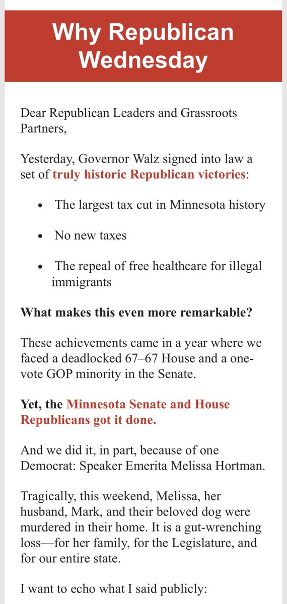 SHOCK: This is beyond the pale. Today, the #MNGOP invoked Melissa Hortman in a campaign list email from #MNGOP ED Jennifer DeJournett. 

I have never seen a state party use the name of a murdered legislator from the other side of the aisle in an email to their list before.